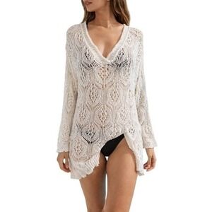 POL White Crochet Knit Beach Cover Up Sweater Boho Resort Swim Small